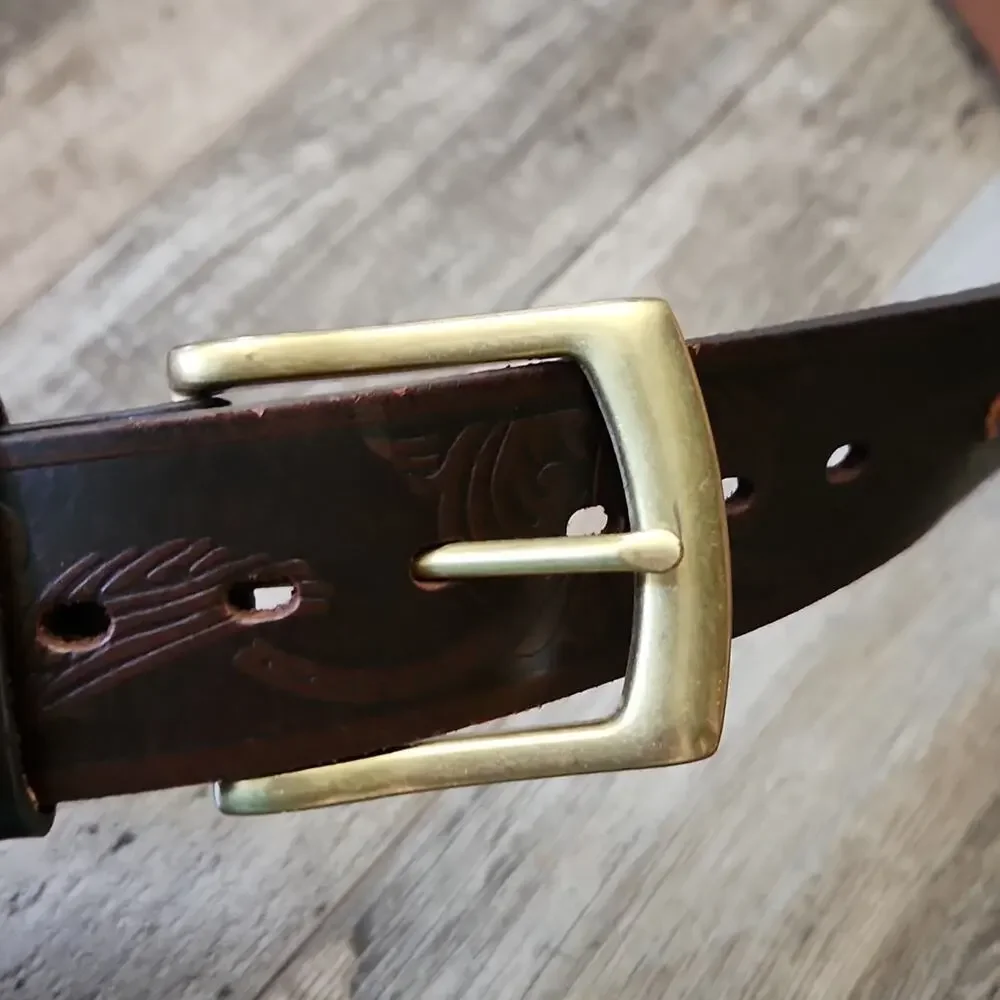 Wrangler Mens Brown Tooled Leather Belt 44/110 Eagle Brass Buckle Western Cowboy
